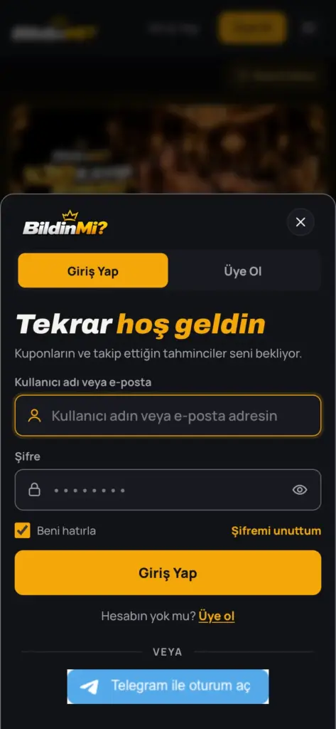 Mobil giriş penceresi; kullanıcı adı, şifre ve Şifremi unuttum alanları
