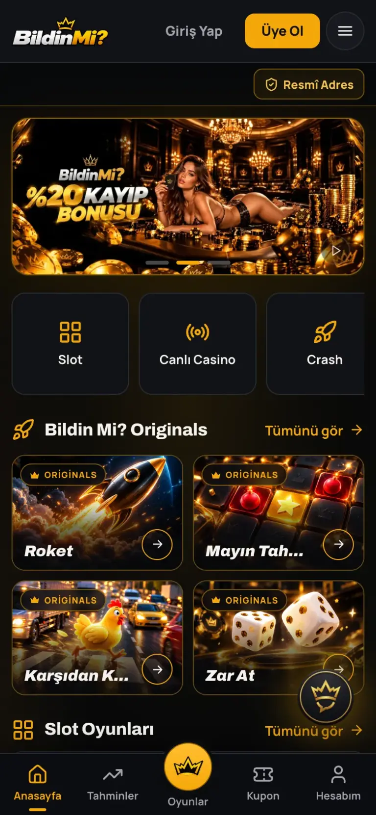 Platformdaki Resmî Adresler sayfasının mobil görünümü